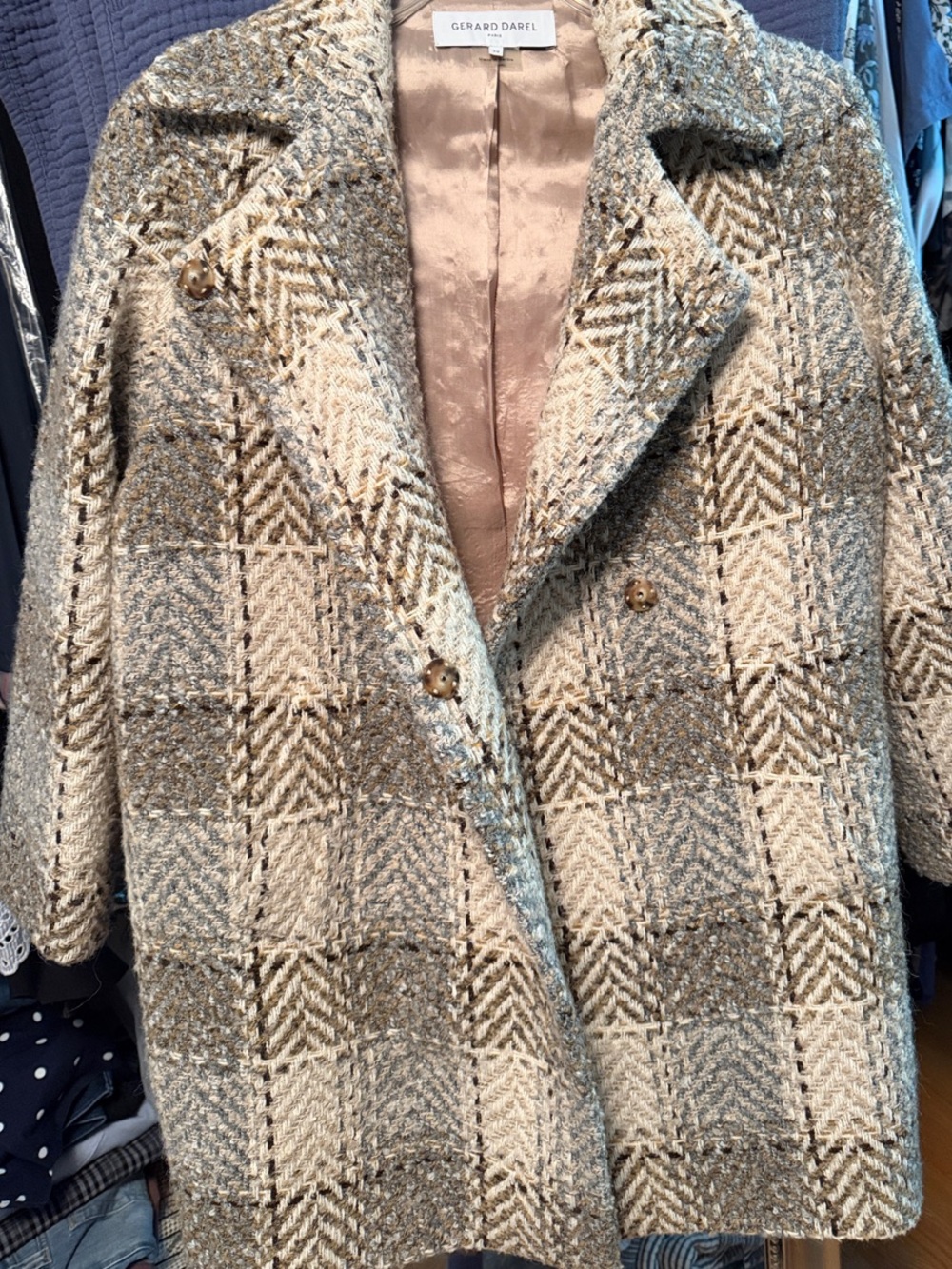 Gerard Darel Cream and Taupe Plaid Wool-Blend Pea Coat